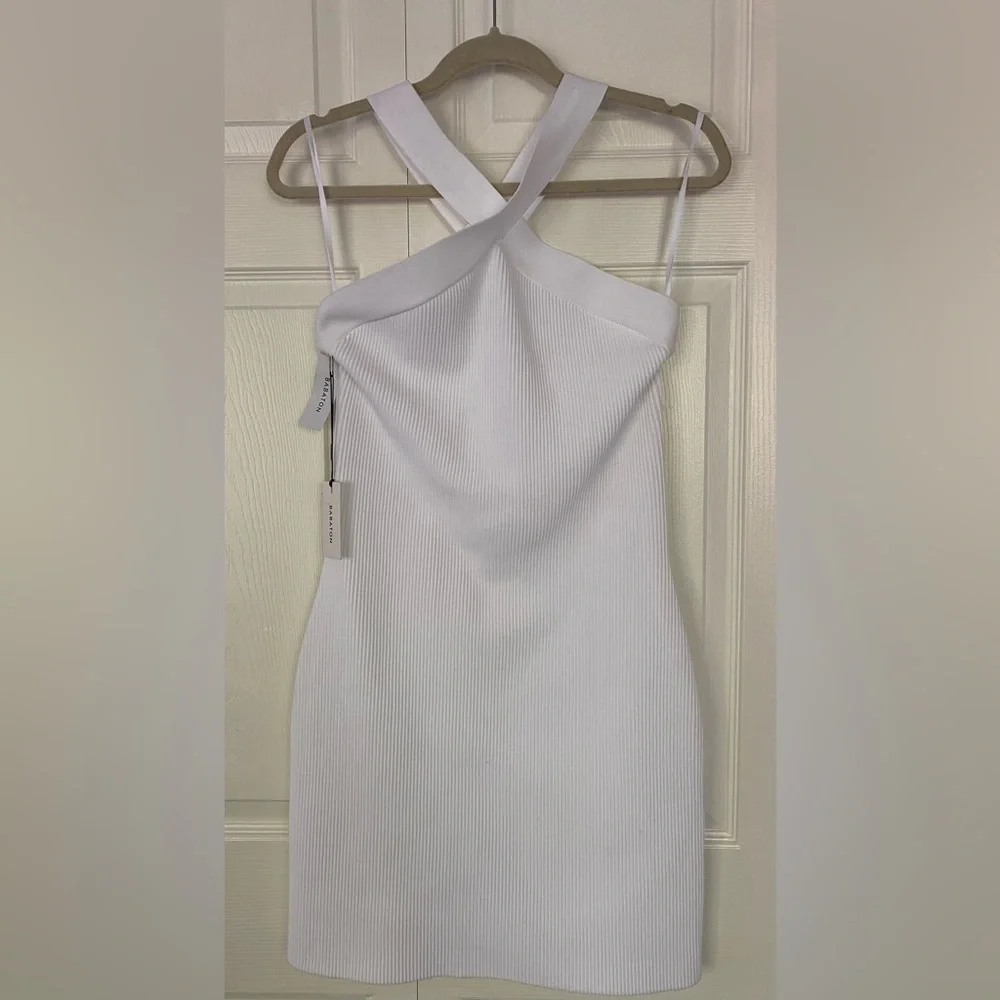 Aritzia Babaton Dress Mini NWT Sculpt Knit Cross Ribbed Halter White size Large - Picture 4 of 14